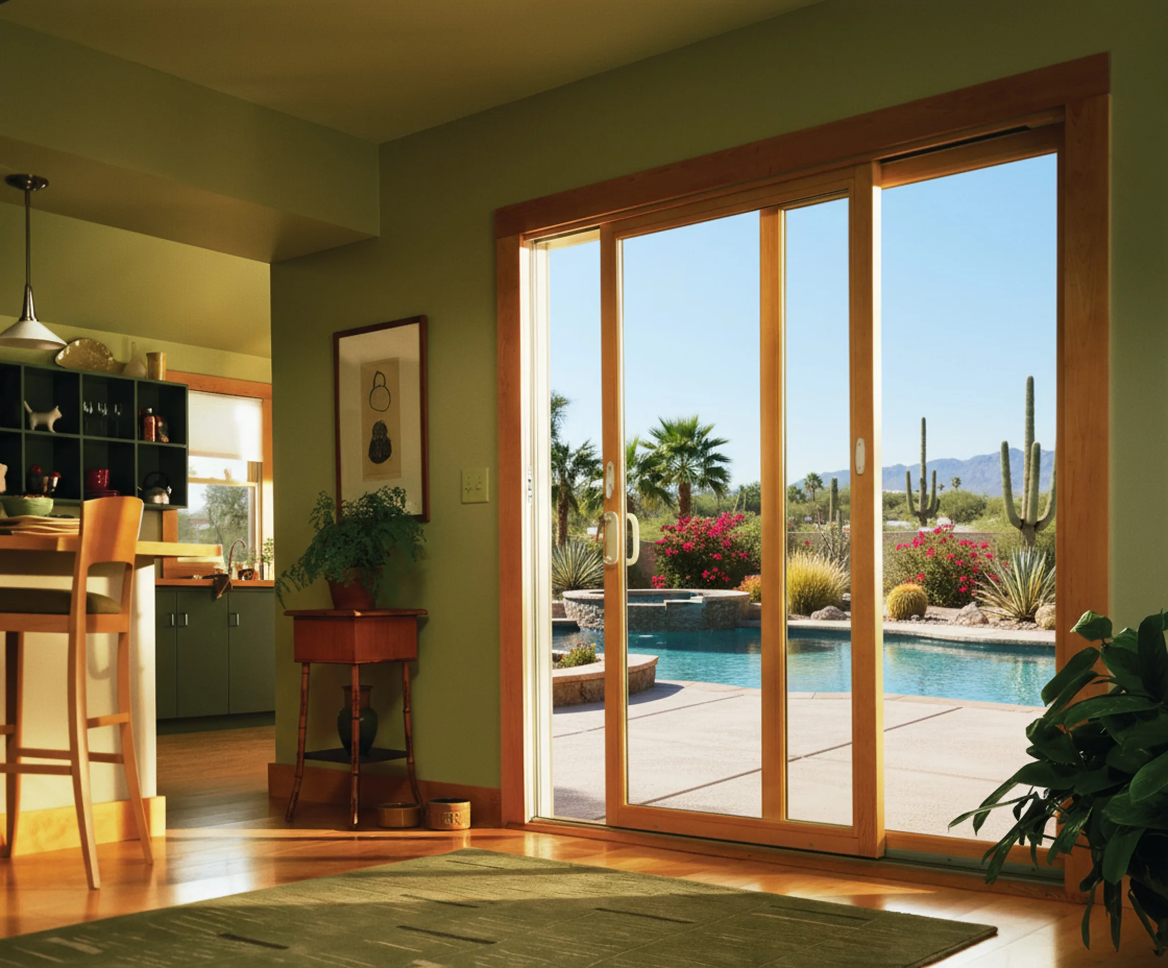 Open sliding glass doors from a kitchen onto a pool deck with saguaros beyond