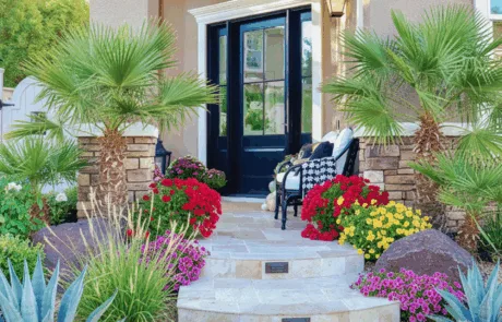 Dark entry door framed by a stucco archway and desert landscaping