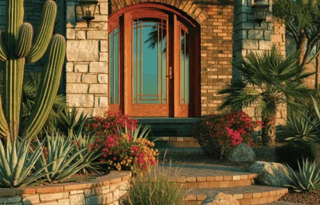 Arched wood entry door on a brick home with desert landscaping
