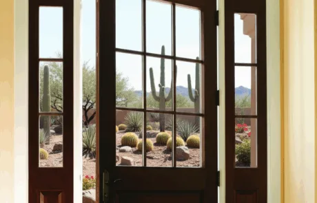 Wood entry door with an arched transom and sidelights