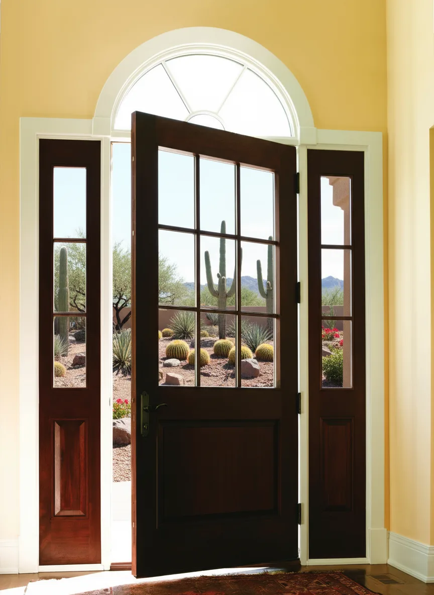 Wood entry door with an arched transom and sidelights