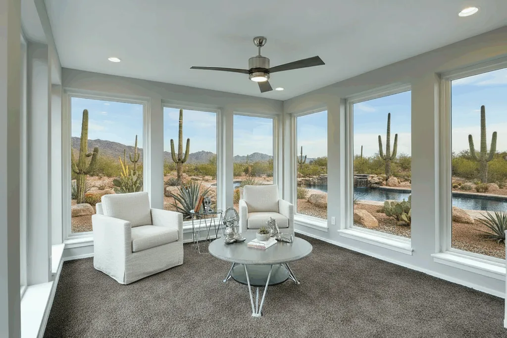 Sunroom with white windows overlooking a desert backyard and pool