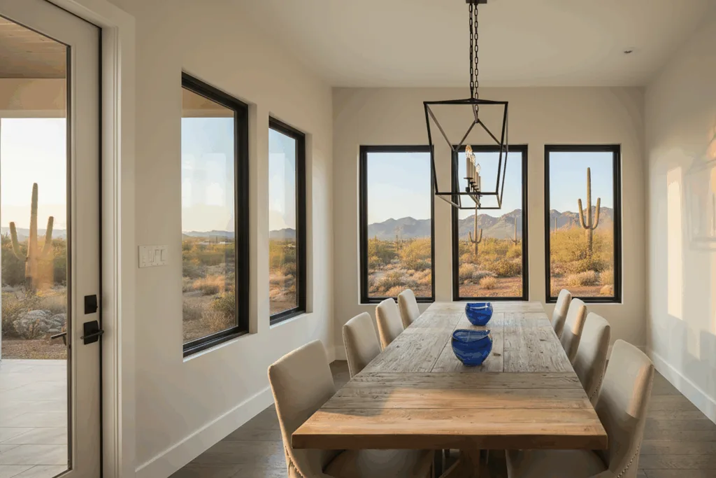 Dining room with black framed windows overlooking the desert