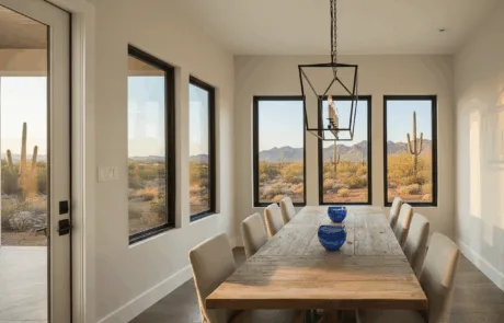Dining room with black framed windows overlooking the desert