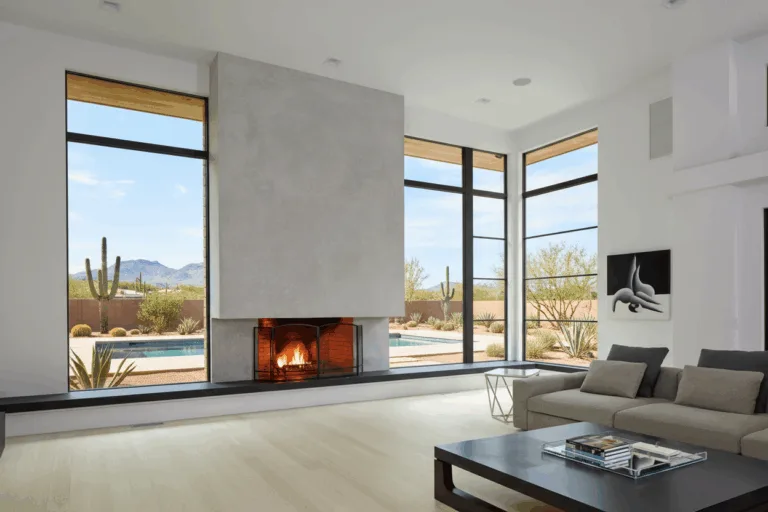 Modern Mesa AZ great room with slim black-framed floor to ceiling windows