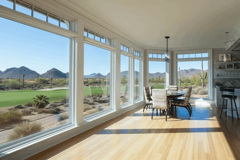 Living room with a matching run of new white-framed windows after a whole-home replacement