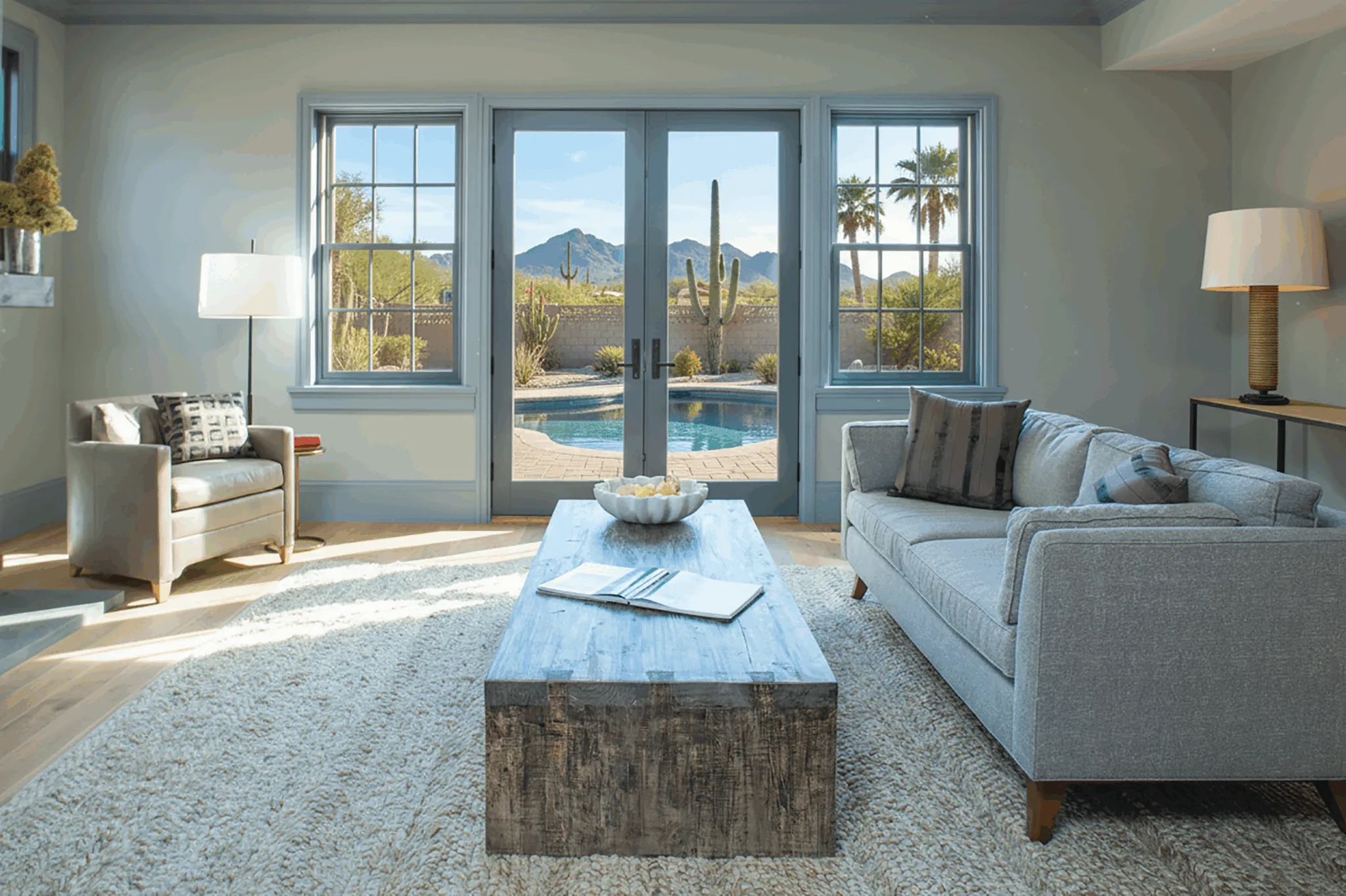 Chandler living room with replacement patio doors and windows framing a pool, saguaros and mountain view