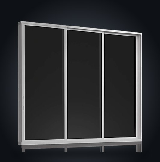Silver aluminum three-panel sliding window sample with narrow frames