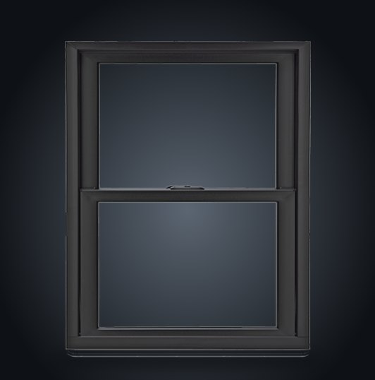 Black composite double-hung window sample with a wide, squared frame