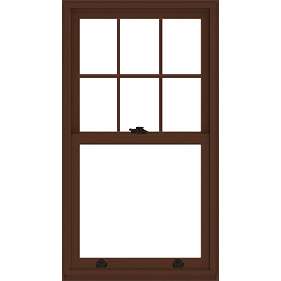 Andersen A-Series double-hung window with a dark stained wood interior, shown from the interior