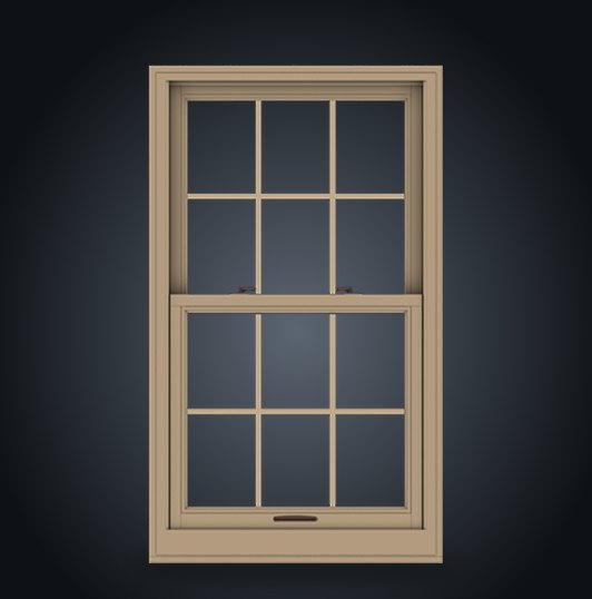Tan double-hung window with colonial grids and two operable sashes
