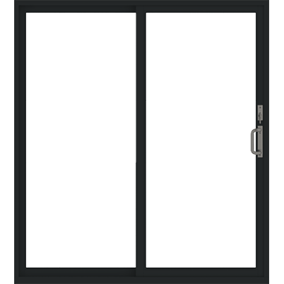 Andersen E-Series gliding patio door in black with a narrow frame, shown from the interior