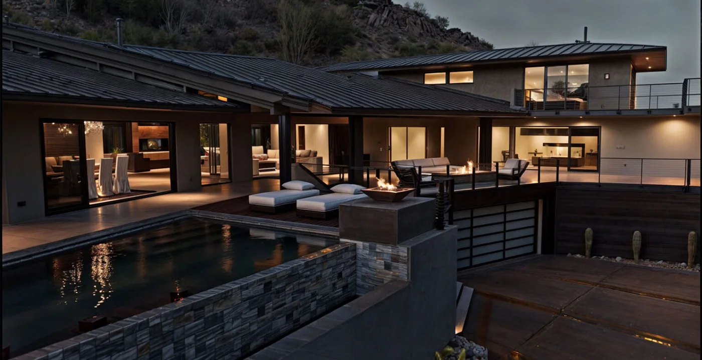PRL Max Slider aluminum sliding glass doors meeting at the corner of a modern home, opening onto a covered terrace