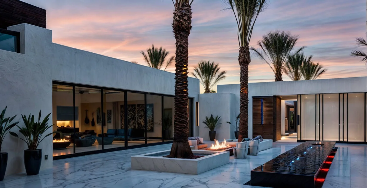 PRL Max Slider aluminum sliding glass doors around a courtyard with a fire feature at dusk
