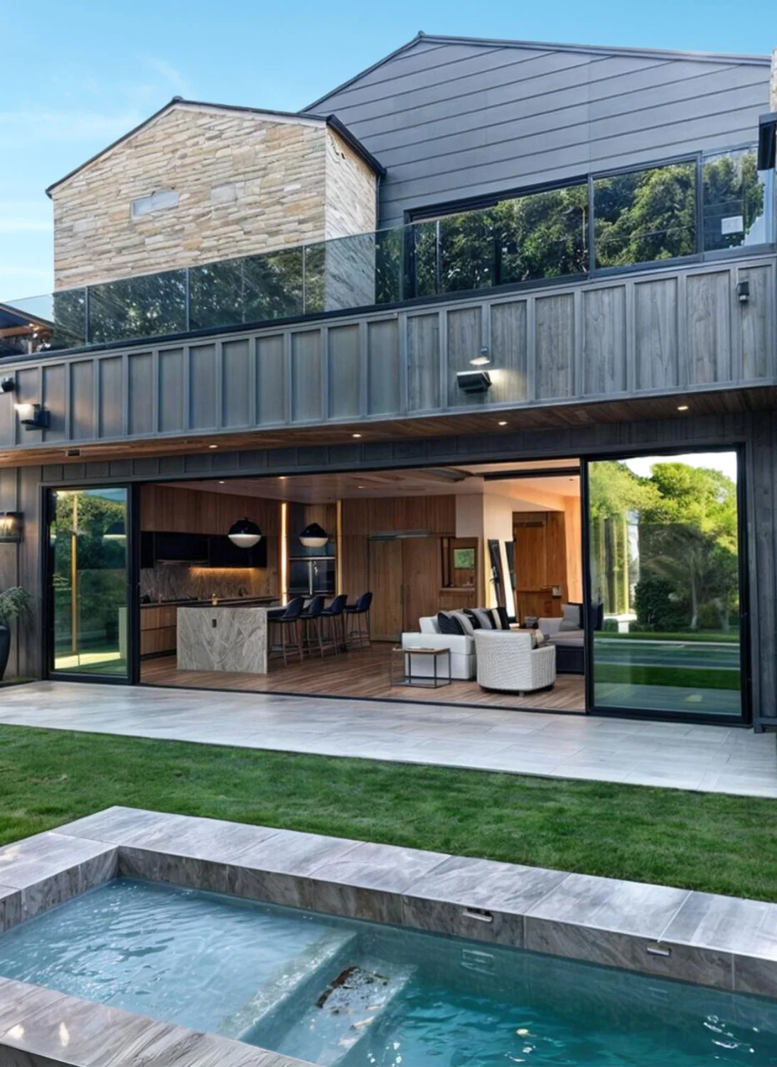 Two-storey home with PRL Max Slider aluminum sliding glass doors open onto a lawn and pool