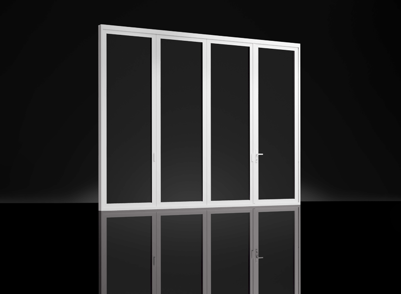 Milgard AX650 bi-fold moving glass wall, folded panels, studio product view