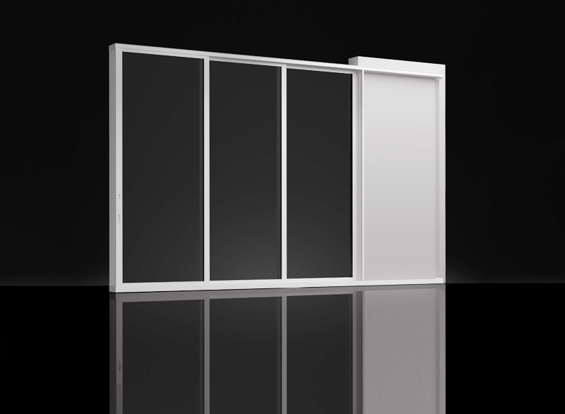 Milgard AX650 pocketing multi-slide glass wall disappearing into the wall, studio product view