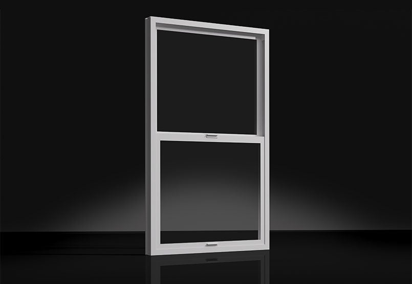 Milgard fiberglass single-hung window in black, studio product view