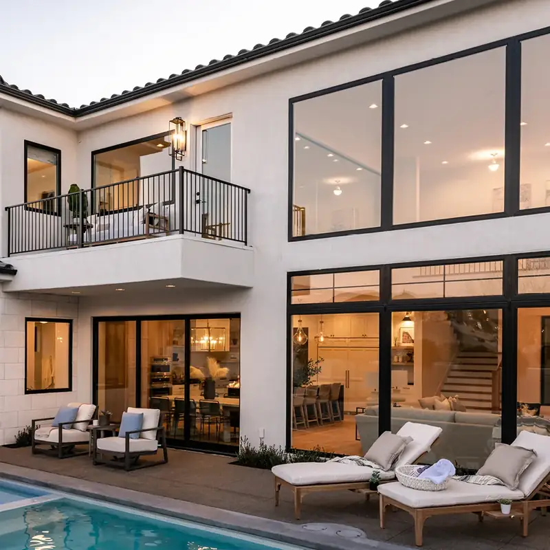 Two-story Arizona home with large black-framed windows and a sliding glass wall taking full afternoon sun
