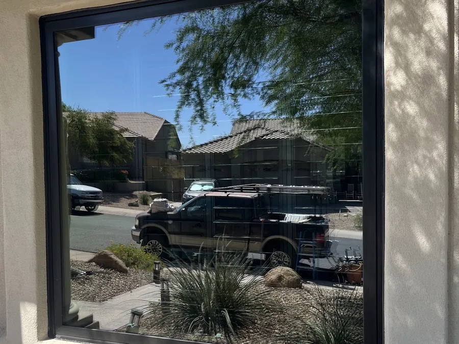 Large black-framed fixed picture window on a Noble project in the Phoenix area