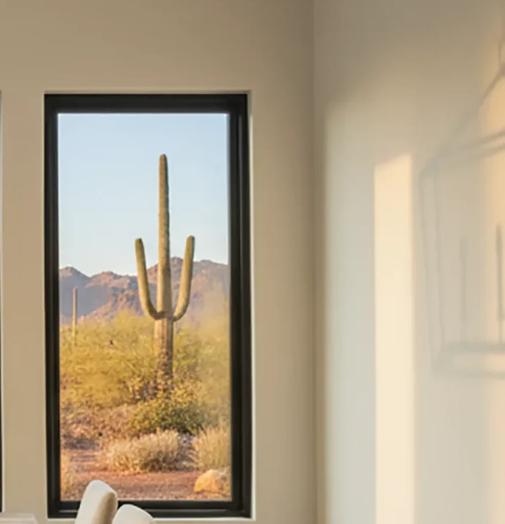 Single black-framed replacement window overlooking Sonoran Desert saguaros in an Arizona home