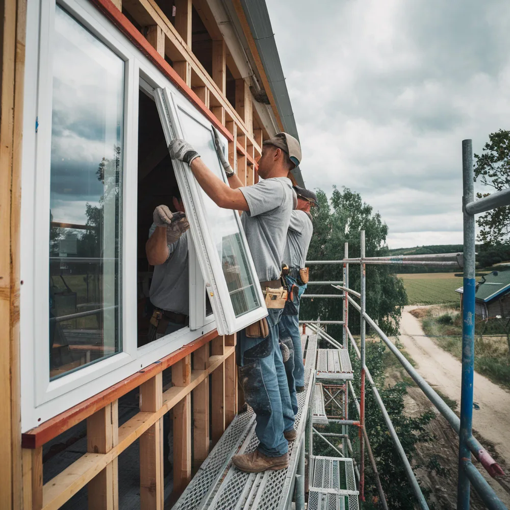 Crew installing replacement windows from scaffolding during a whole home project