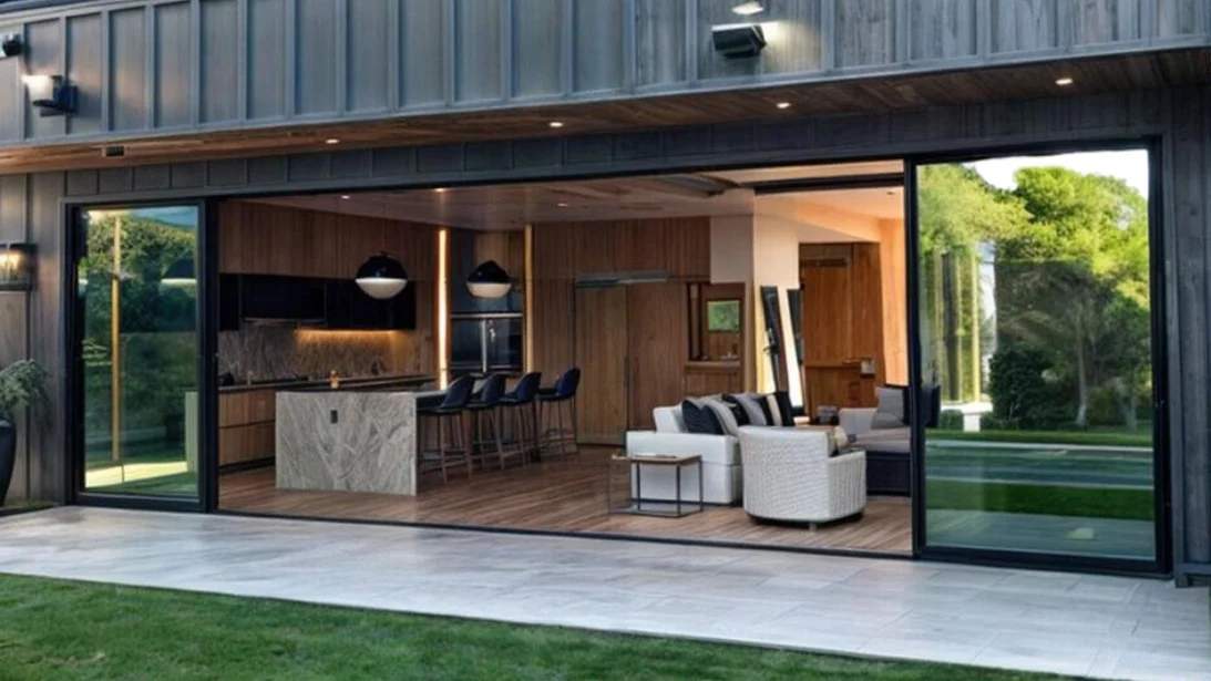 PRL Max Slider aluminum glass wall stacked open from a kitchen and living room onto a lawn and pool