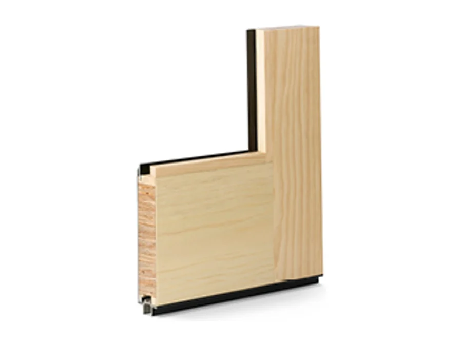 Traditional stacking door panel cut away at the corner, showing the wider stile