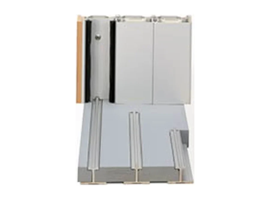 Flush sill for a stacking door, cut away to show the tracks set level with the finished floor