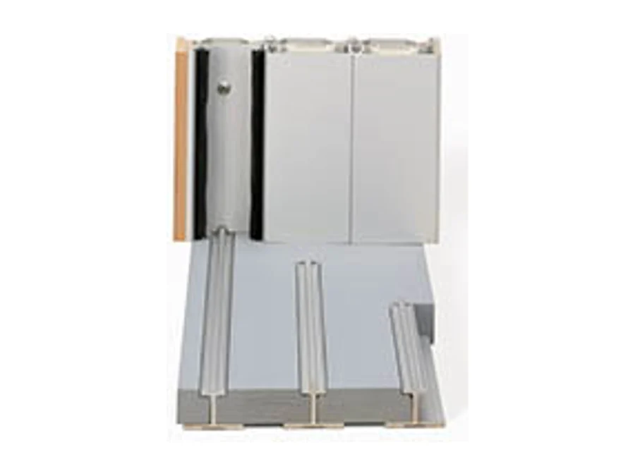 Product render of a flush sliding door sill finishing level with the finished floor